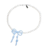 Double Bow Pearl Necklace ~ Blue Opal