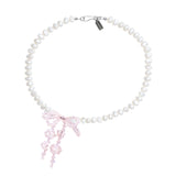 Double Bow Pearl Necklace ~ Pink Opal