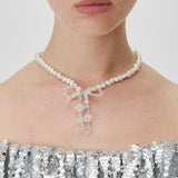Double Bow Pearl Necklace ~ Crystal